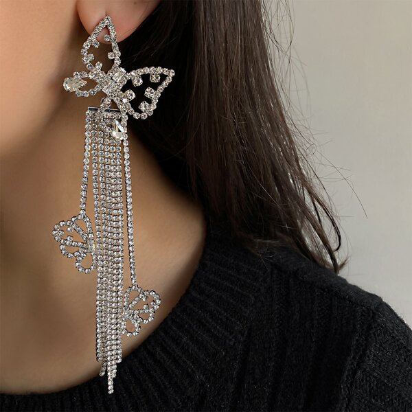 

Rhinestone Butterfly Decor Drop Earrings, Silver