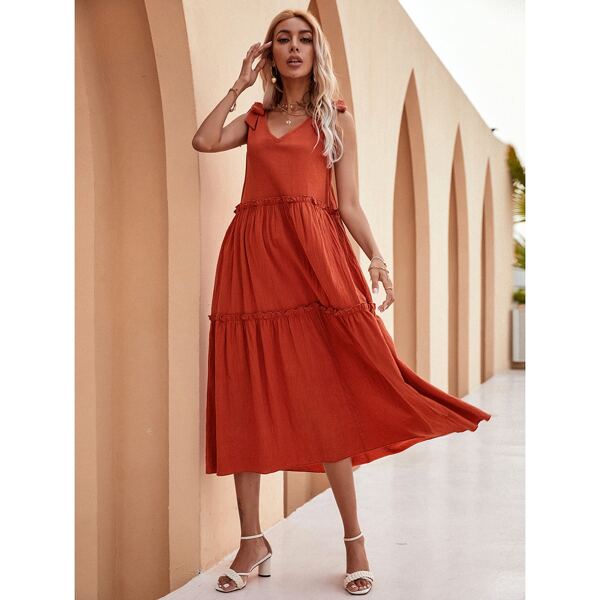 

Bow Shoulder Solid Smock Dress, Burnt orange