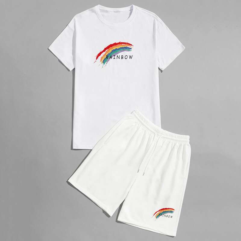 

Guys Letter And Rainbow Print Tee & Shorts, White