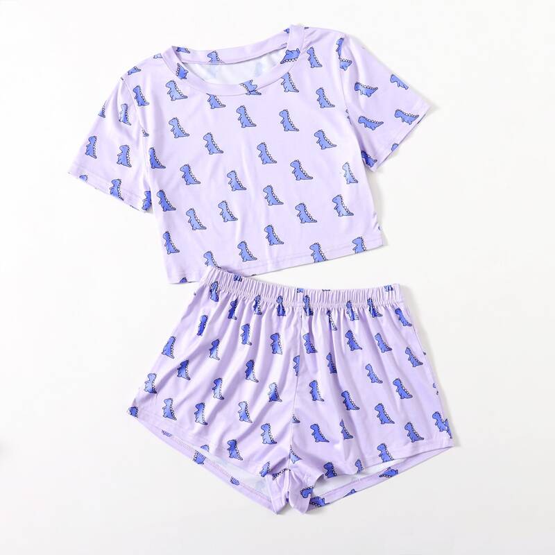 

Cartoon Dinosaur Print Pajama Set, Multicolor