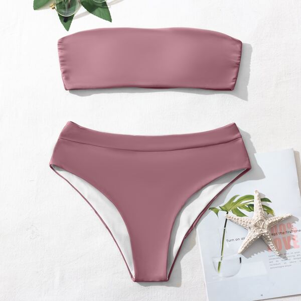 

Solid Bandeau Bikini Swimsuit, Rusty rose