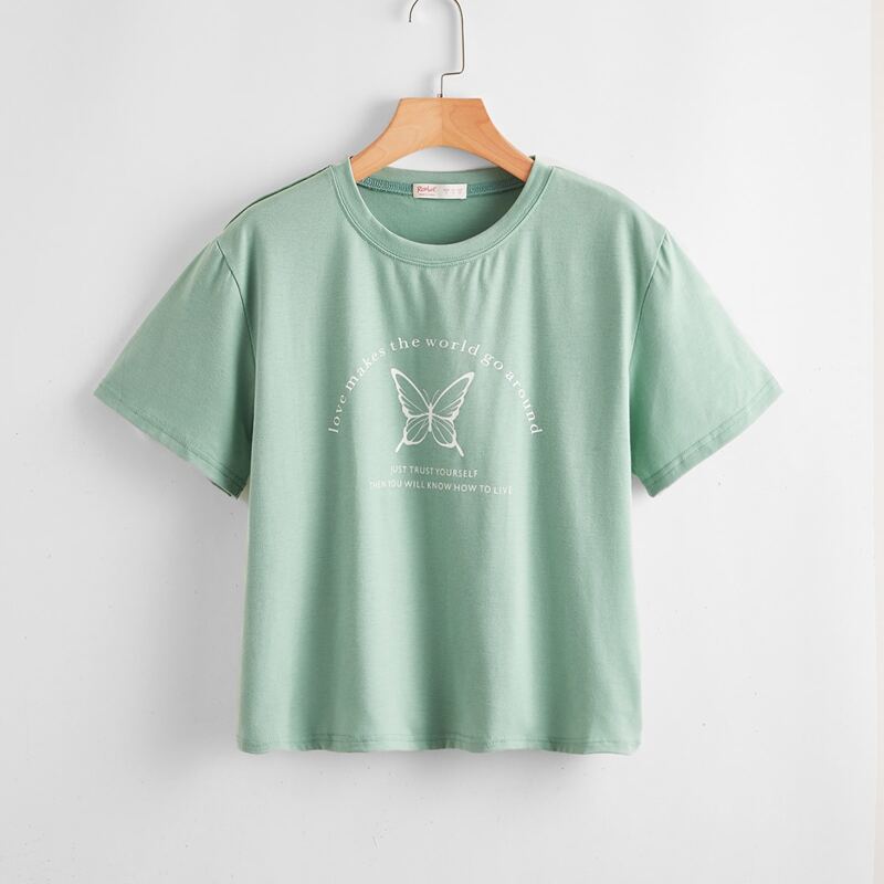 

Slogan Butterfly Graphic Tee, Mint green