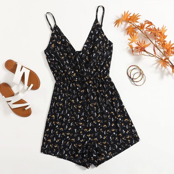 

Plus Ditsy Floral Surplice Front Cami Romper, Black