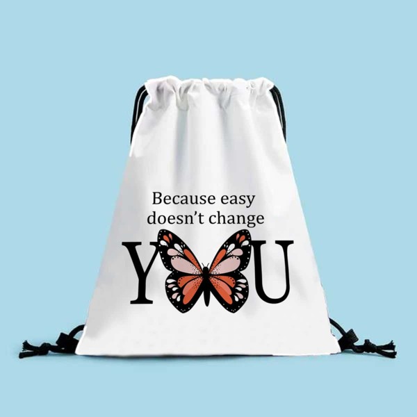 

Letter & Butterfly Pattern Drawstring Backpack, White