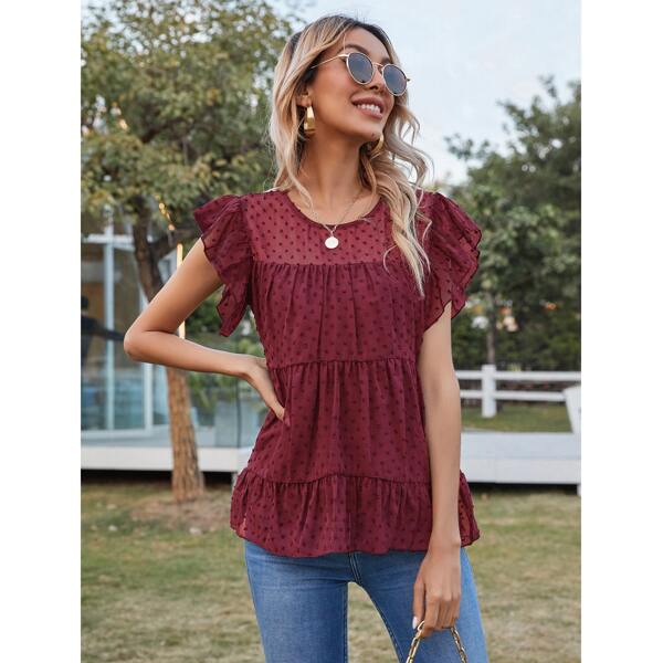 

Swiss Dot Ruffle Hem Blouse, Burgundy