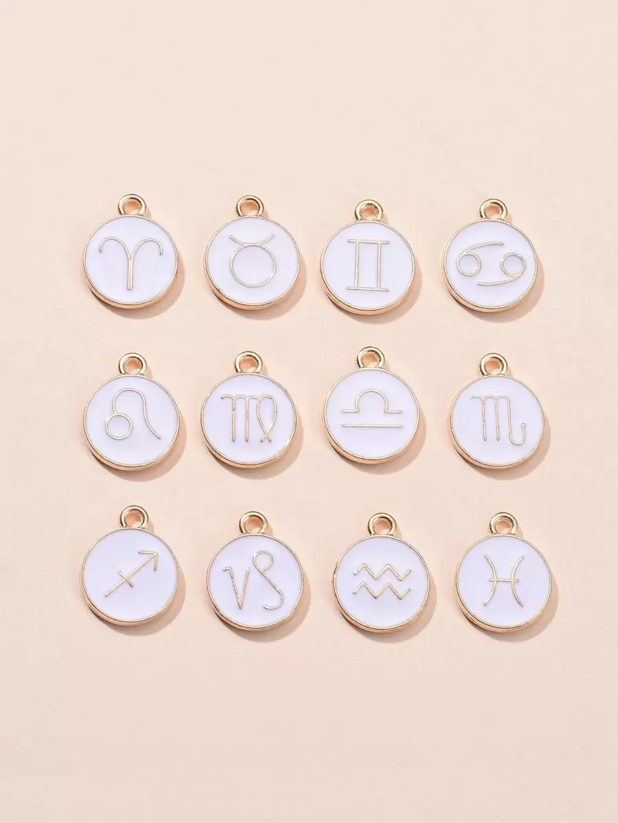 12入組合金琺瑯吊墜平底圓形帶星座12星座首飾類星座吊墜 - 白色 - 查看 1