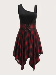 SHEIN LUNE Plus Plaid Lace Up Hanky Hem Dress - Multicolor - View 1