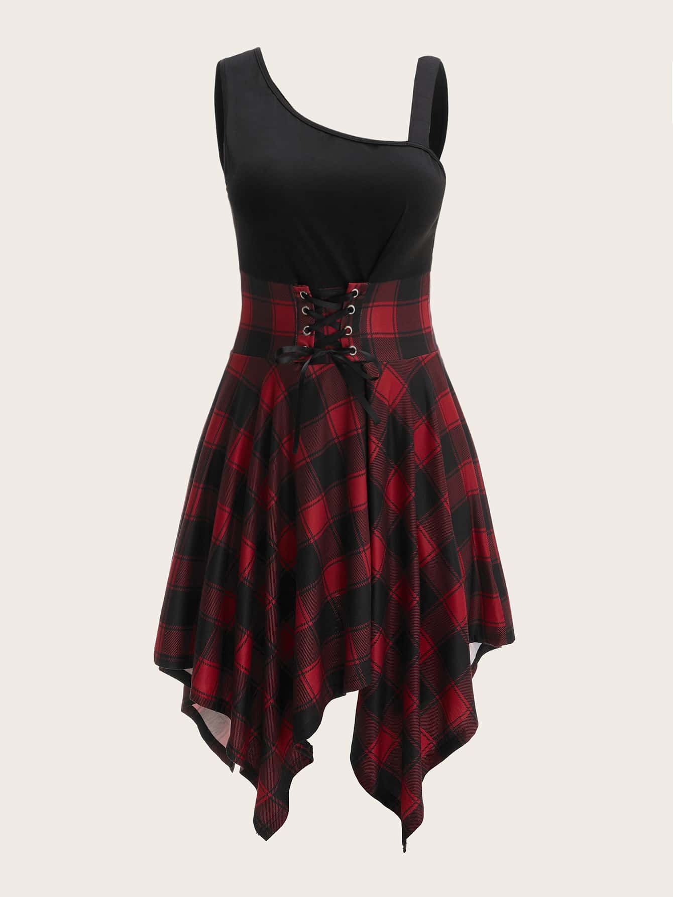 SHEIN LUNE Plus Plaid Lace Up Hanky Hem Dress - Multicolor - View 1