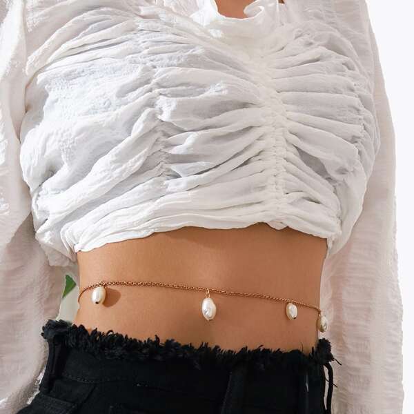 

Faux Pearl Charm Waist Chain, Gold
