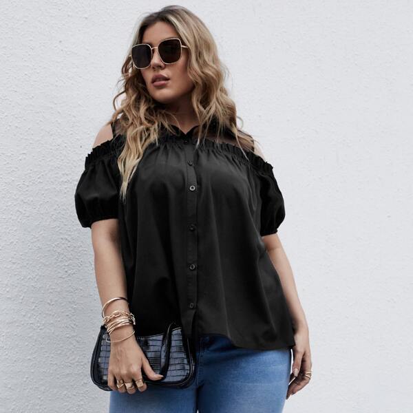 

Plus Cut Out Contrast Mesh Blouse, Black