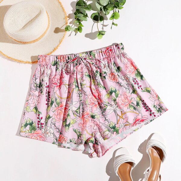 

Plus Floral Print Knot Front Shorts, Baby pink