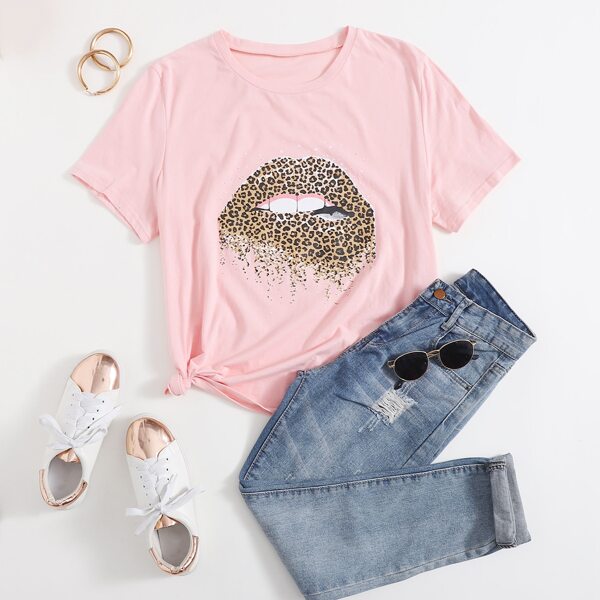 

Plus Leopard And Mouth Graphic Tee, Pink