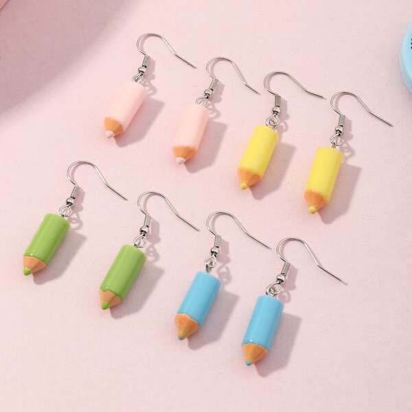 

4pairs Girls Pencil Decor Drop Earrings, Multicolor