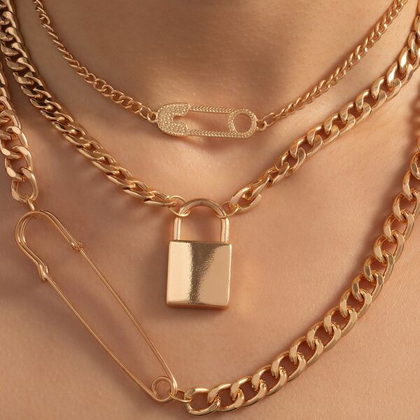 

Lock Charm Layered Necklace, Gold