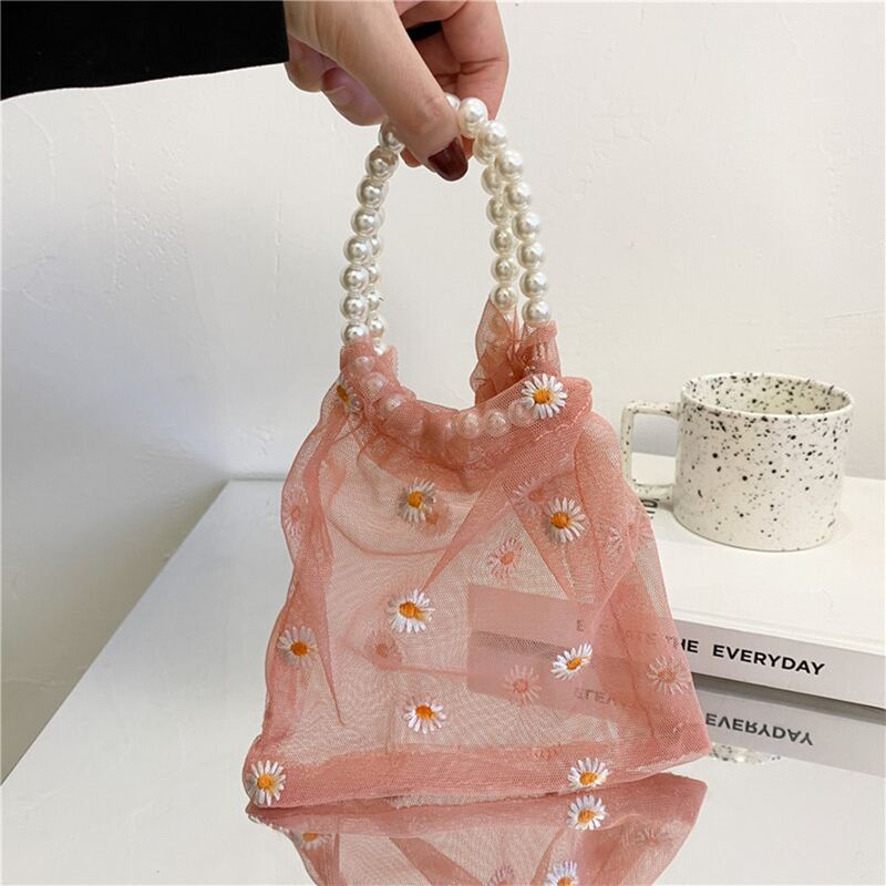 

Faux Pearl Handle Daisy Mesh Bag, Pink
