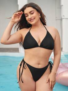 Plus Size Halter Triangle Tie Side Bikini Set Bãi biển mùa hè - màu đen - Xem 1