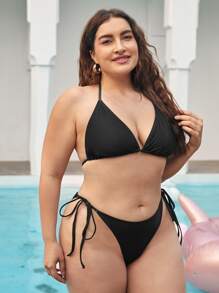 Plus Size Halter Triangle Tie Side Bikini Set Bãi biển mùa hè - màu đen - Xem 3