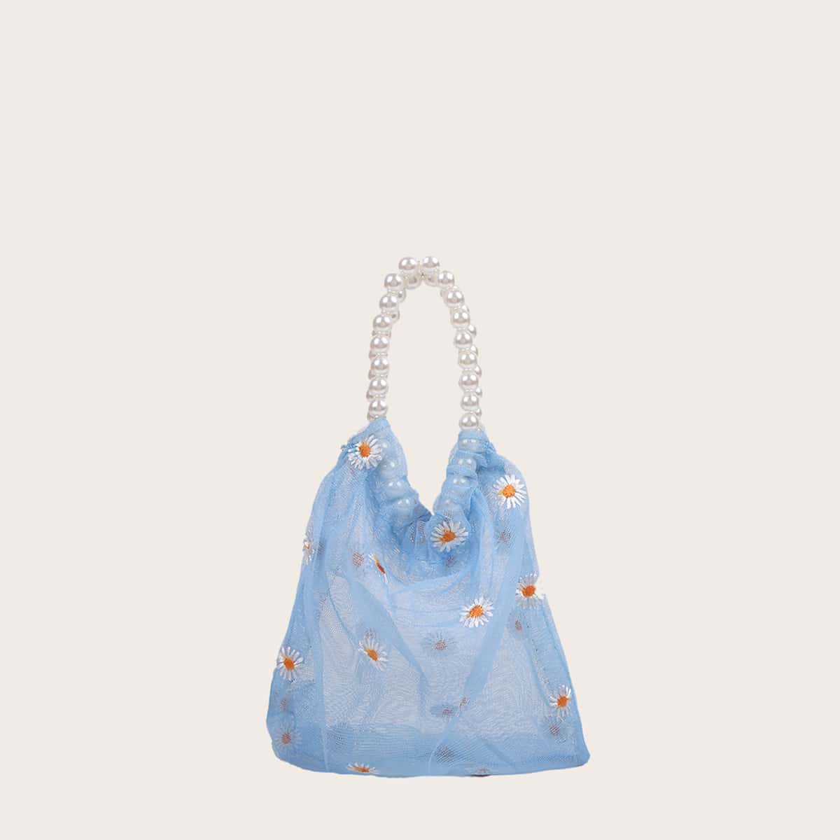 

Faux Pearl Handle Daisy Mesh Bag, Blue