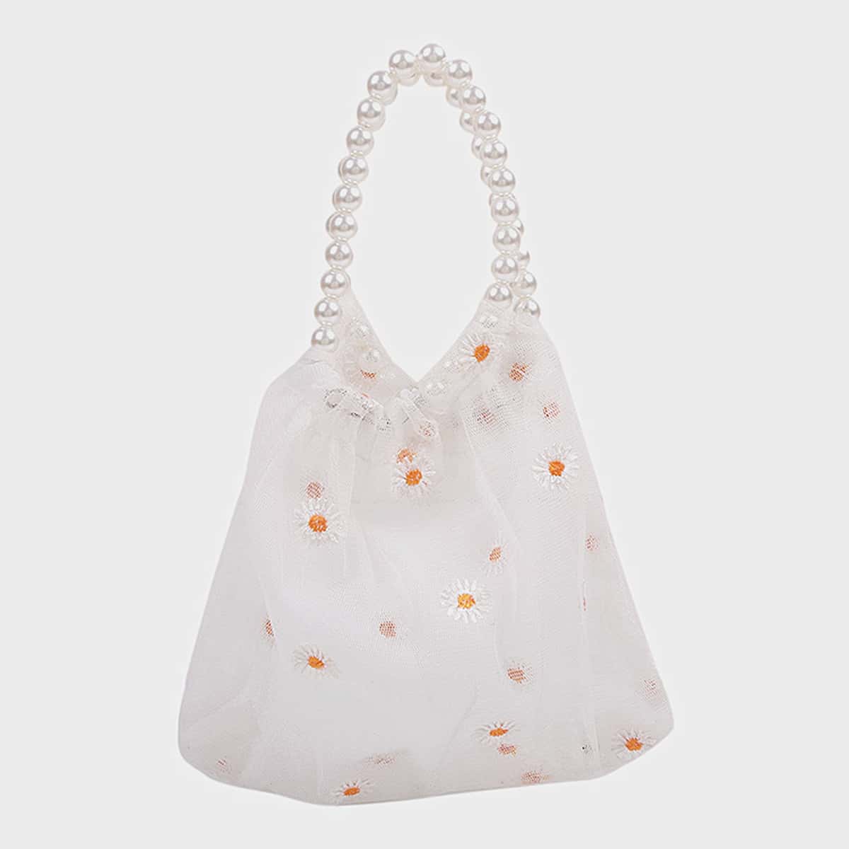 

Faux Pearl Handle Daisy Mesh Bag, White