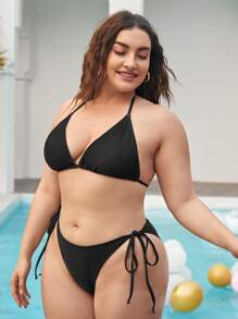 Plus Size Halter Triangle Tie Side Bikini Set Bãi biển mùa hè - màu đen - Xem 4
