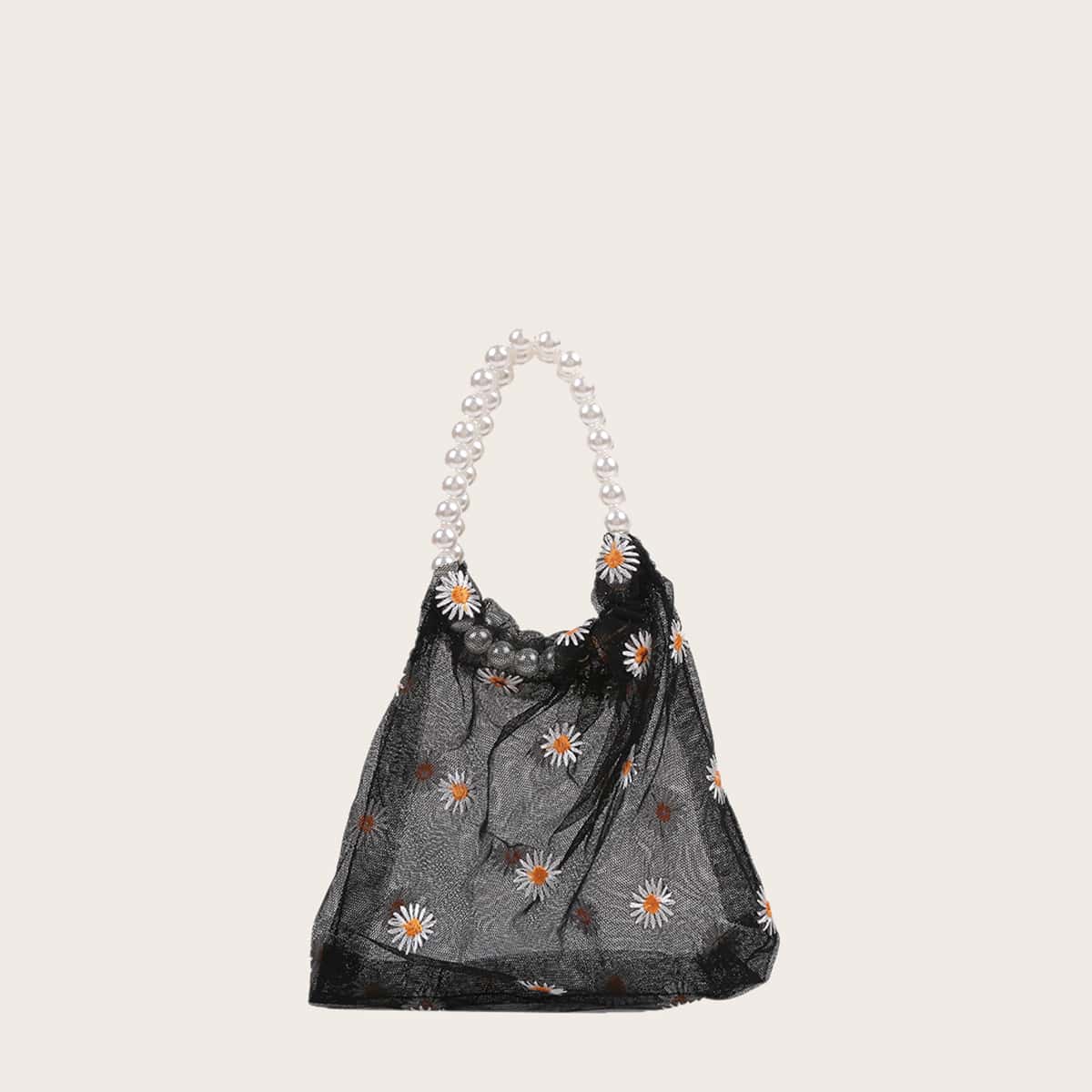 

Faux Pearl Handle Daisy Mesh Bag, Black