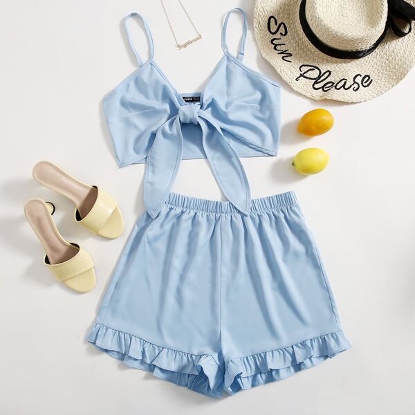 

Plus Tie Front Cami Top & Ruffle Hem Shorts, Baby blue