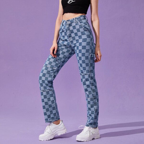 

Checkered Straight Leg Jeans, Medium wash