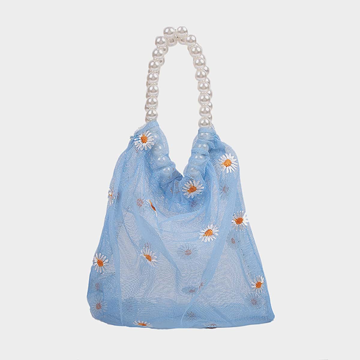 

Faux Pearl Handle Daisy Mesh Bag, Blue