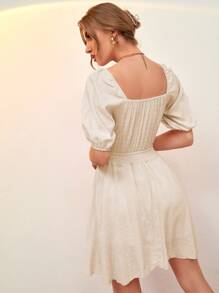 Tie Front Peekaboo Shirred A-line Dress - Apricot - View 2