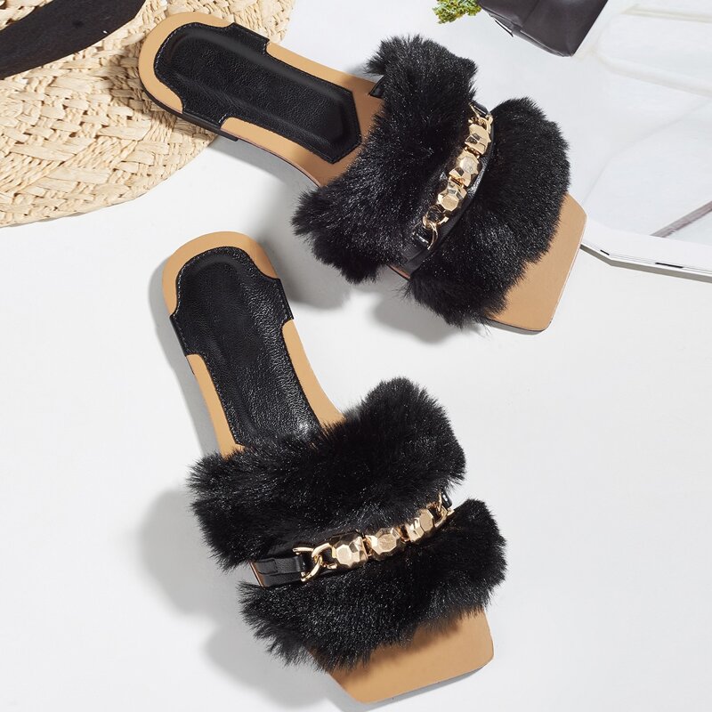 

Buckle Fluffy Band Slide Sandals, Black