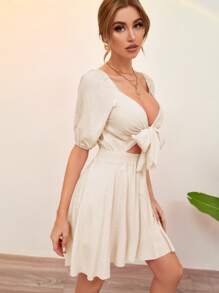 Tie Front Peekaboo Shirred A-line Dress - Apricot - View 5