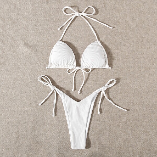 

Rib Halter Triangle High Cut Bikini Swimsuit, White