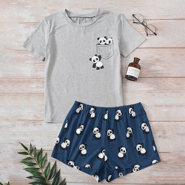 

Cartoon Panda Print Pajama Set, Multicolor
