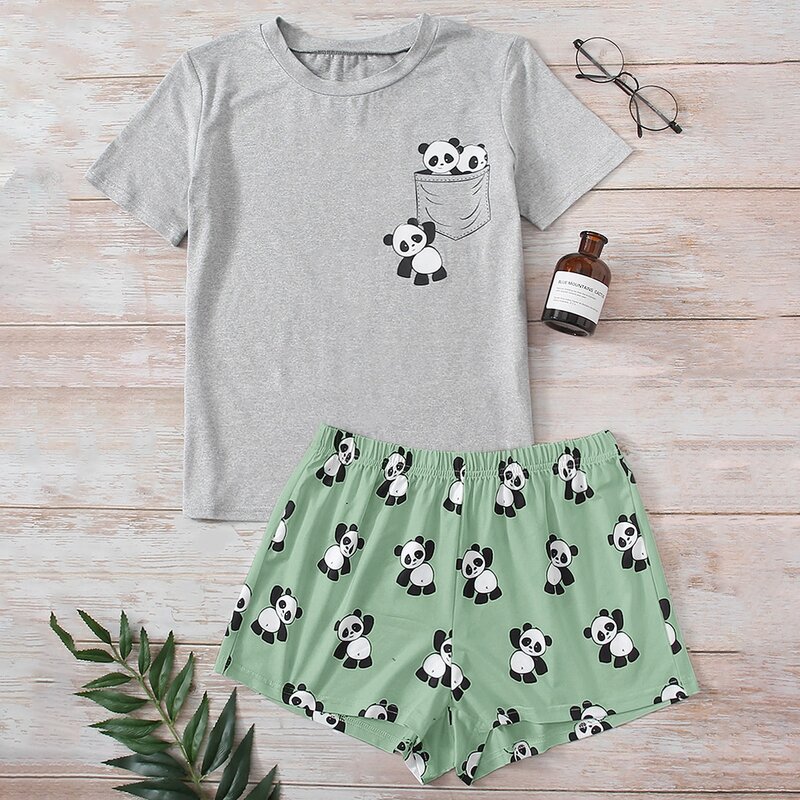 

Cartoon Panda Print Pajama Set, Multicolor