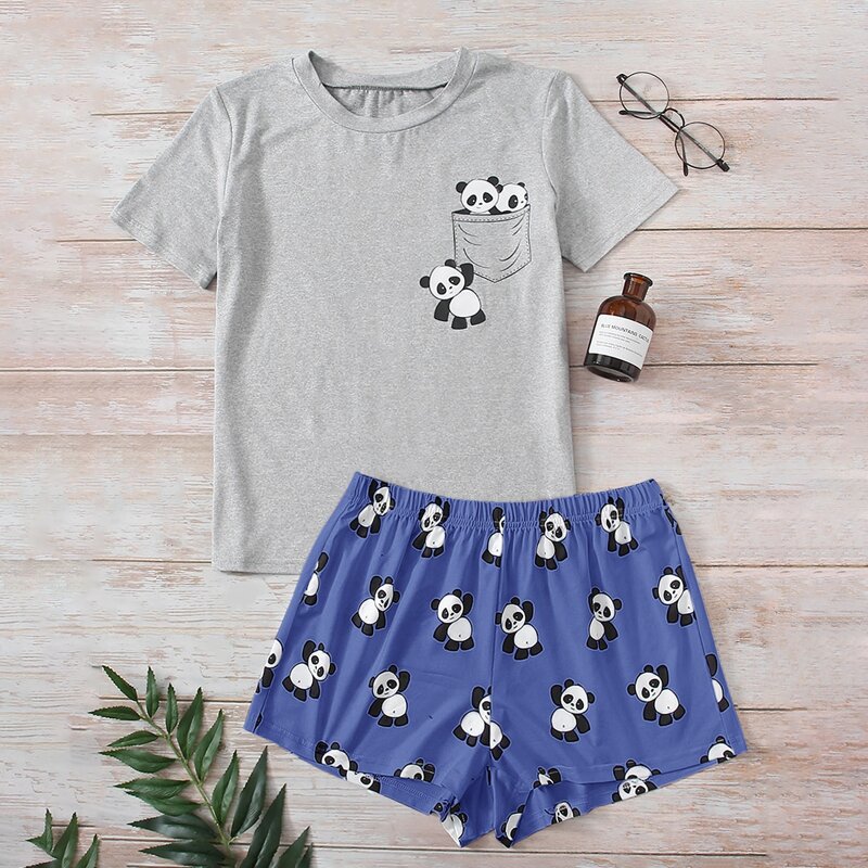 

Cartoon Panda Print Pajama Set, Multicolor