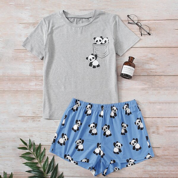 

Cartoon Panda Print Pajama Set, Multicolor