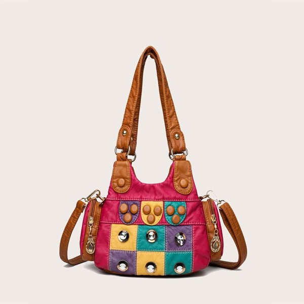 

Rhinestone Decor Colorblock Shoulder Bag, Pink