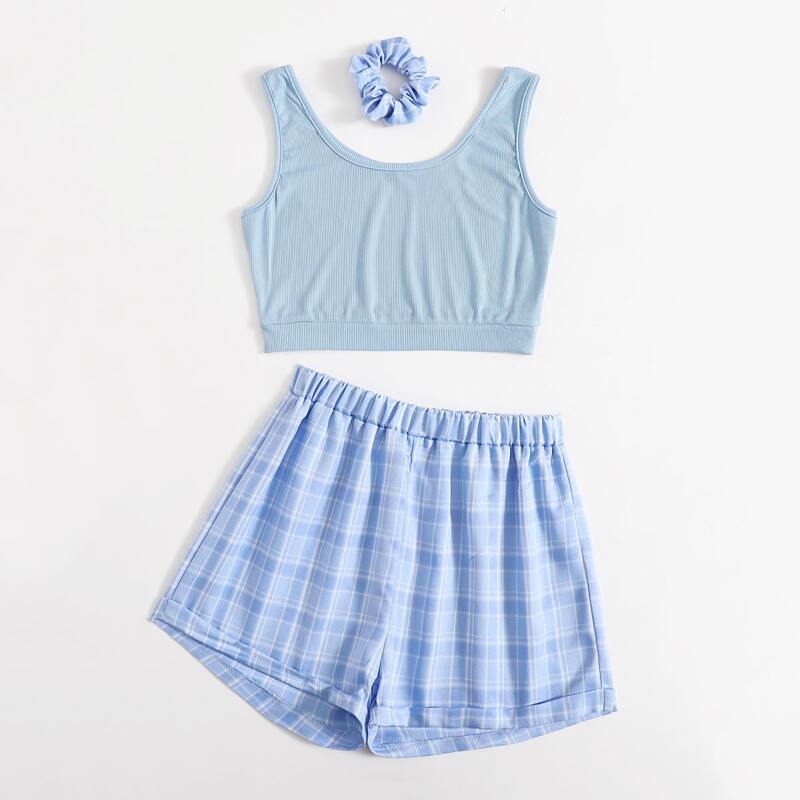 

Solid Ribbed Tank Top & Plaid Shorts & Scrunchie, Blue