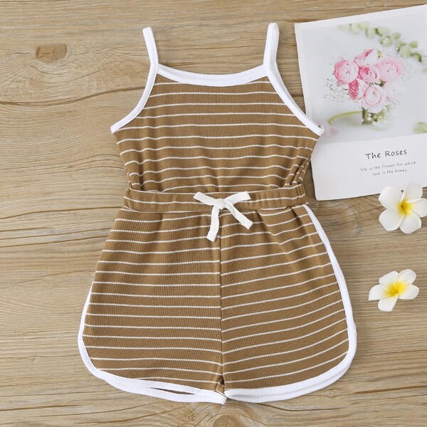 

Baby Girl Striped Contrast Binding Cami Romper, Khaki
