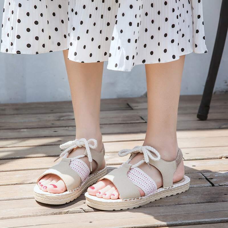 

Lace-up Front Flat Sandals, Apricot
