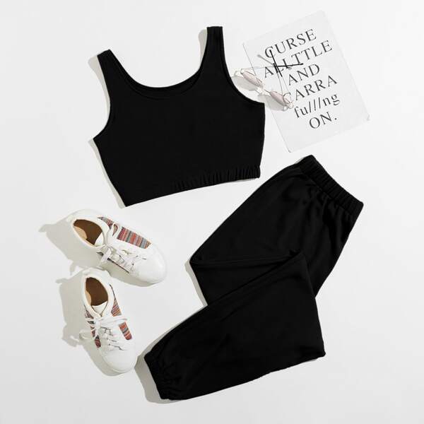

Solid Crop Tank Top With Pants Lounge Set, Black