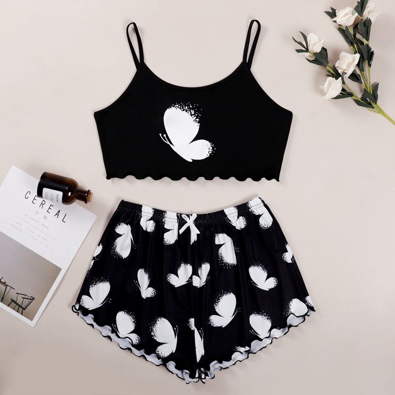 

Butterfly Print Lettuce Trim PJ Set, Black and white