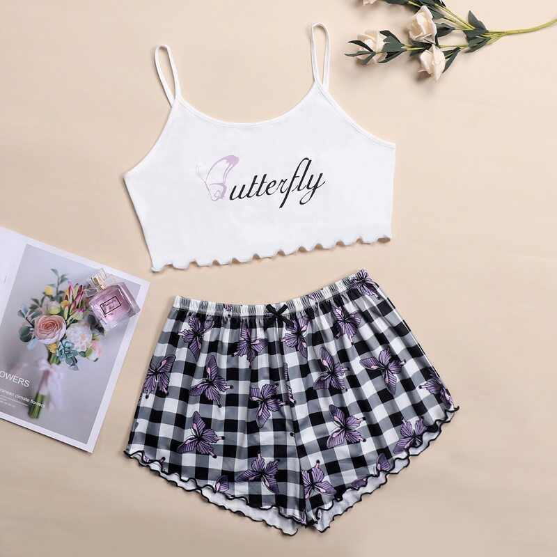 

Butterfly & Gingham Print Lettuce Trim PJ Set, Multicolor