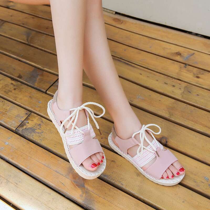 

Lace-up Front Flat Sandals, Pink