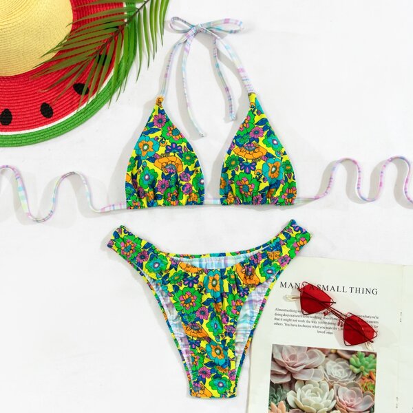 

Floral Random Print Triangle Bikini Swimsuit, Multicolor