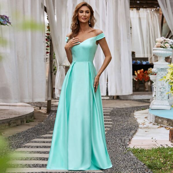 

Off Shoulder Solid Satin Prom Dress, Mint blue