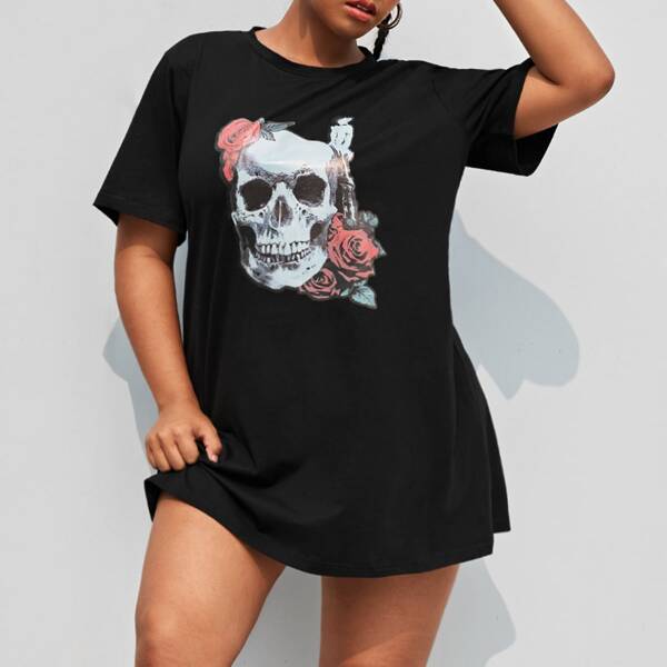 

Plus Skull & Rose Print Tee, Black