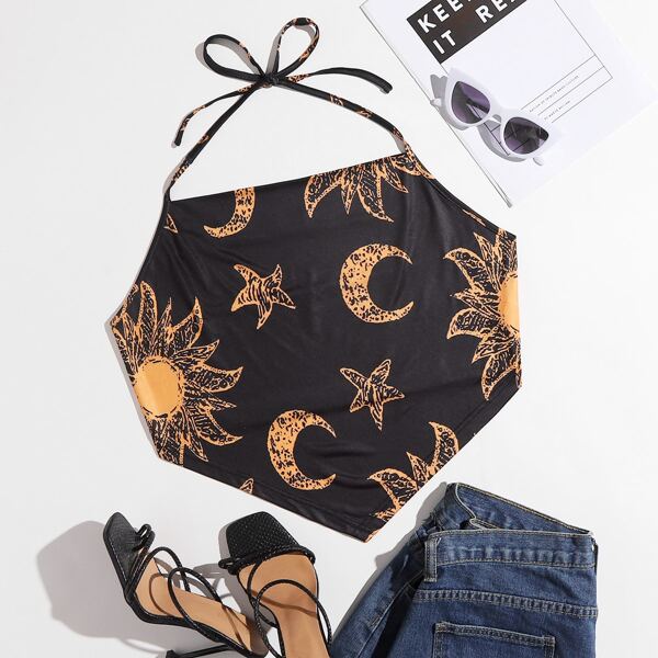 

Plus Sun & Moon Print Halter Top, Black