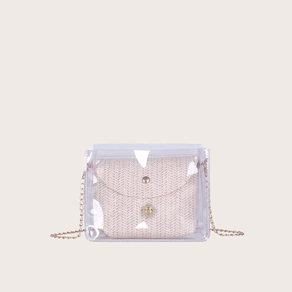 

Clear Crossbody Bag With Straw Inner Pouch, Beige clear