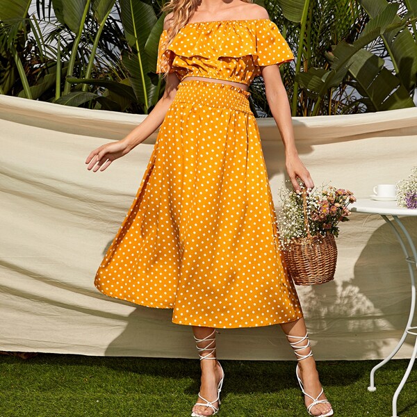 

Maternity Off Shoulder Polka Dot Top & Shirred Skirt Set, Yellow
